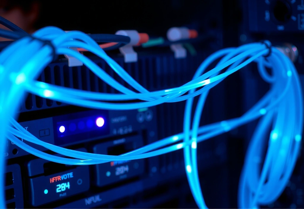 Cavi in fibra ottica trasmettono dati di rete in un ambiente server avanzato